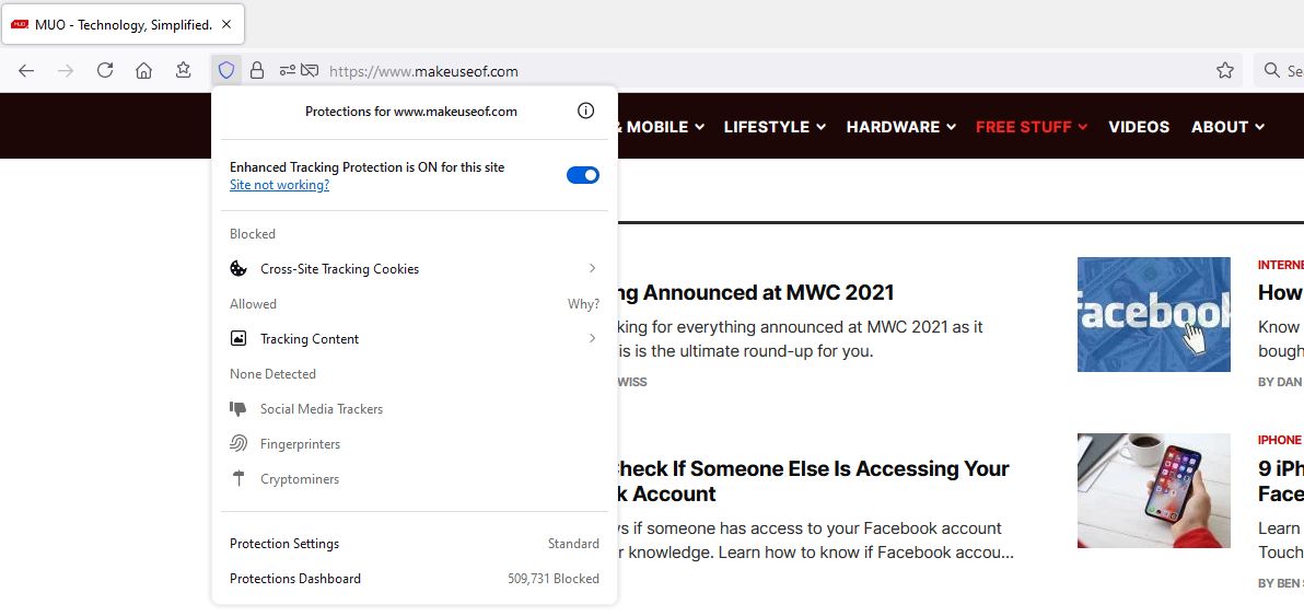Окно с информацией о блокировке защиты от отслеживания на сайте