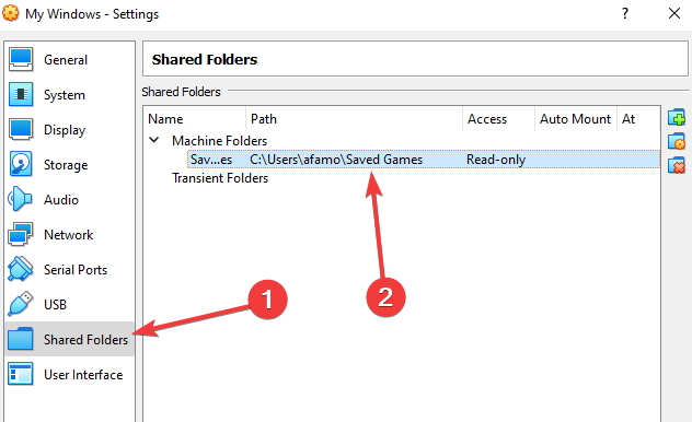 Список общих папок в настройках виртуальной машины