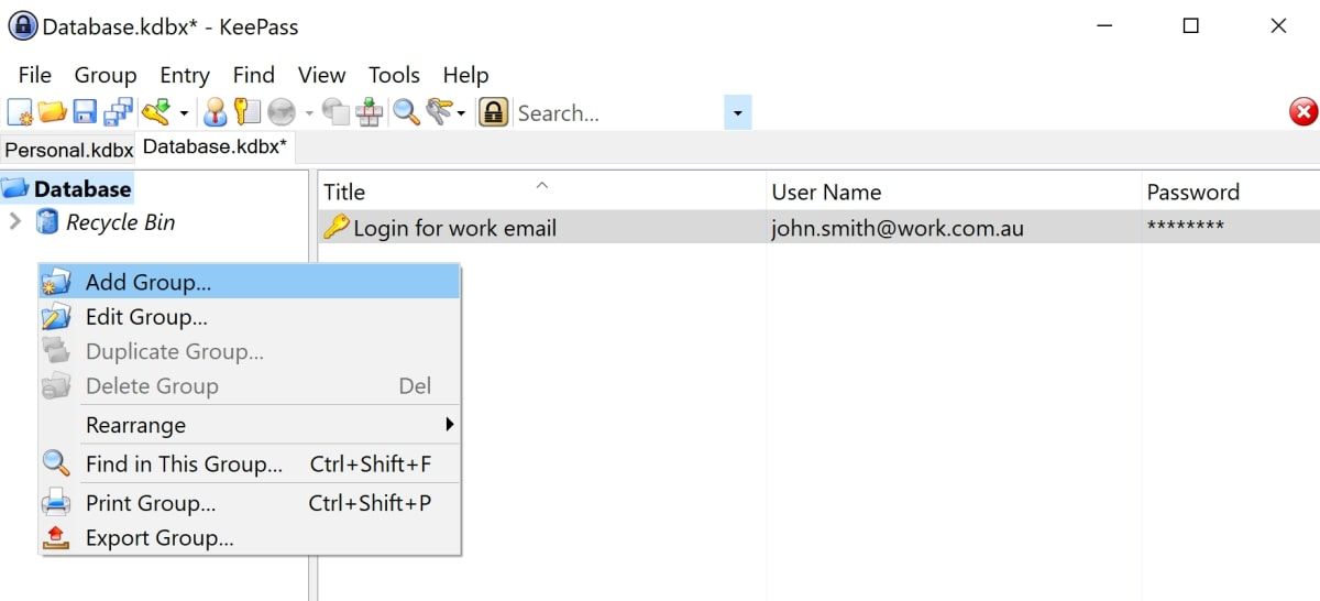 Добавить группу в KeePass