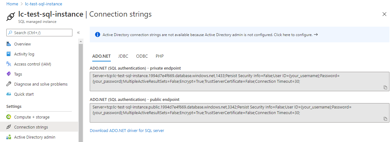 В разделе ADO.NET найдите значение публичной конечной точки.