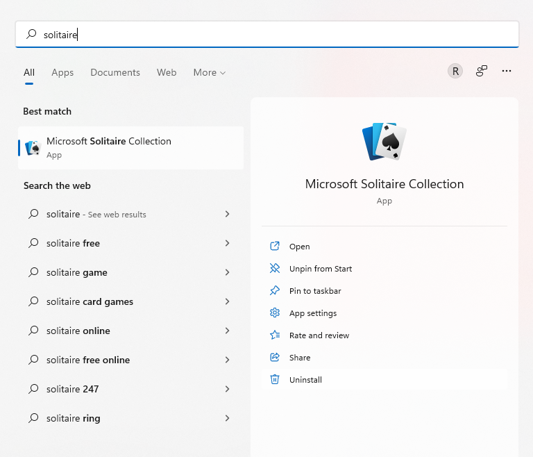 Поиск игры в меню Пуск для удаления
