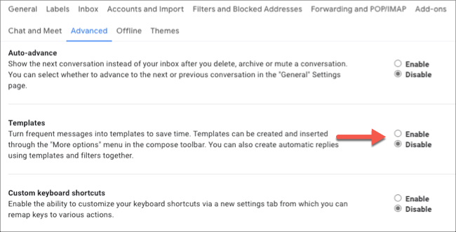 Включите шаблоны на сайте Gmail