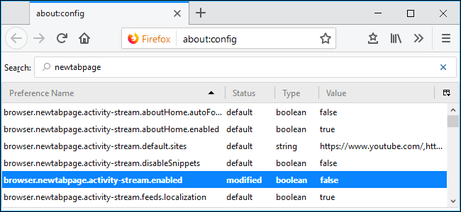 about:config — опция browser.newtabpage.activity-stream.enabled установлена в False