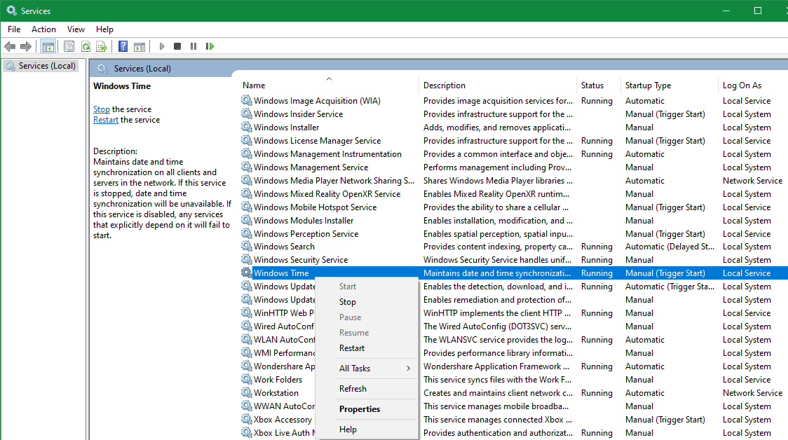 Службы Windows: параметры Windows Time