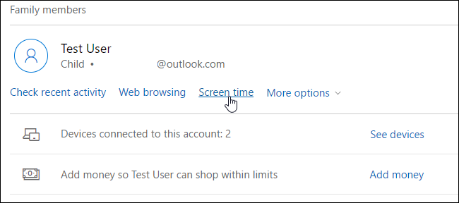 Страница время экрана для члена семьи на сайте Microsoft