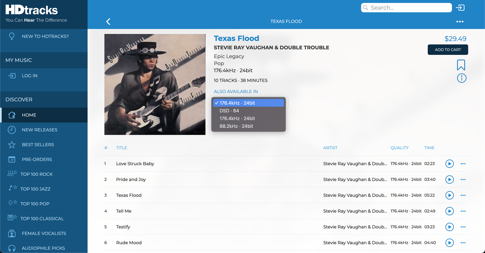 Страница покупки музыки на HDtracks с выбором форматов и битрейтов.