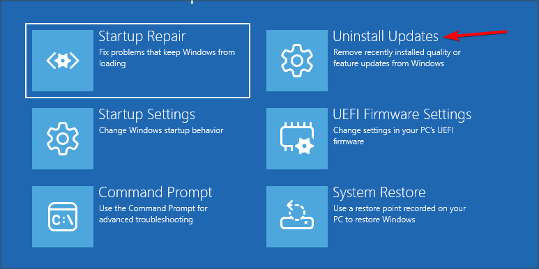 Опция 'Удалить обновления' в дополнительных параметрах