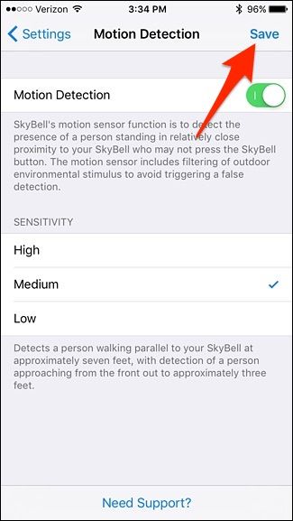 Подтверждение сохранения настроек чувствительности