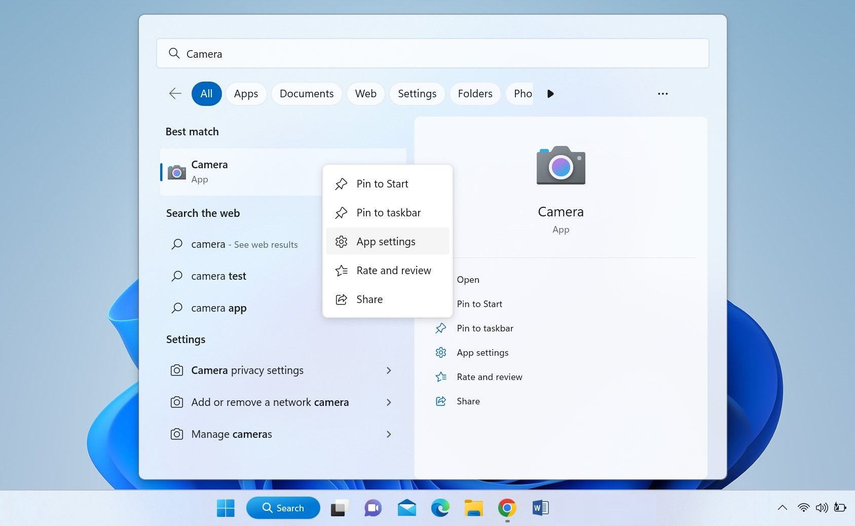 Переход в параметры приложения Камера