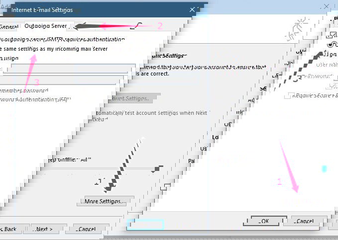 Настройка исходящего сервера в Outlook 2016