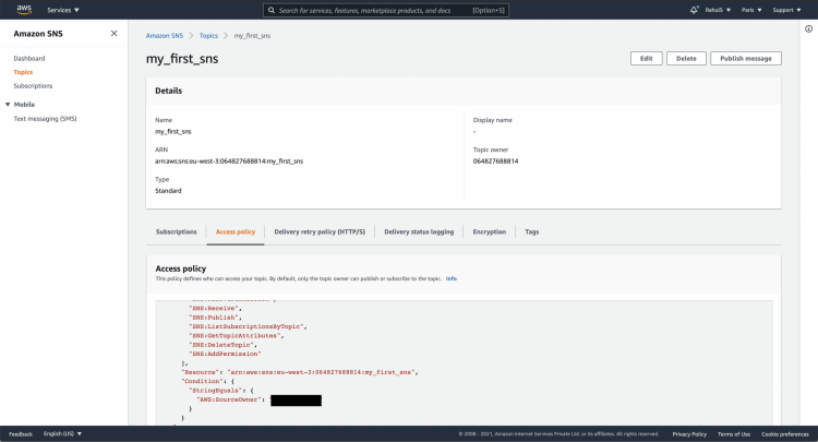 Консоль AWS: созданная тема SNS