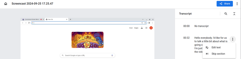 Редактирование записи в приложении Screencast с автосгенерированной расшифровкой