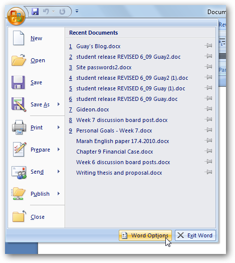 Переход к настройкам Office 2007 через кнопку Office Orb