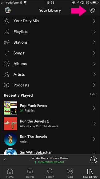 Экранизация мобильного приложения Spotify: значок настроек в библиотеке