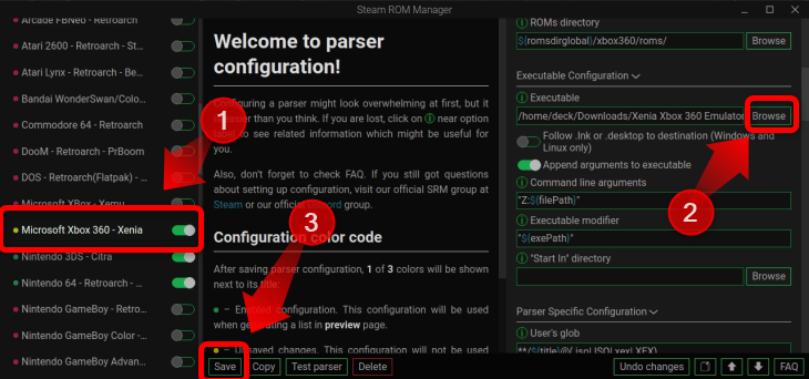 Scroll down to the Microsoft Xbox 360 Xenia parser, click it and enable the toggle then select the Xenia executable in the Executable configuration menu on the right-hand side of Steam Rom Manager window and click save after you've made the changes