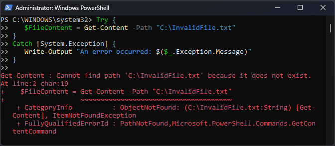 Схема исключений .NET и PowerShell, пример типов