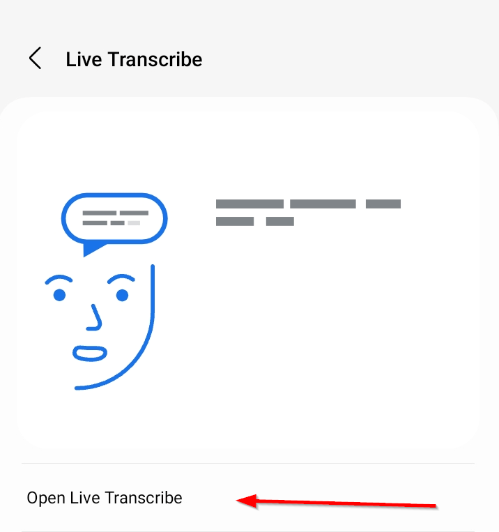 Пункт «Открыть Live Transcribe» в настройках Live Transcribe