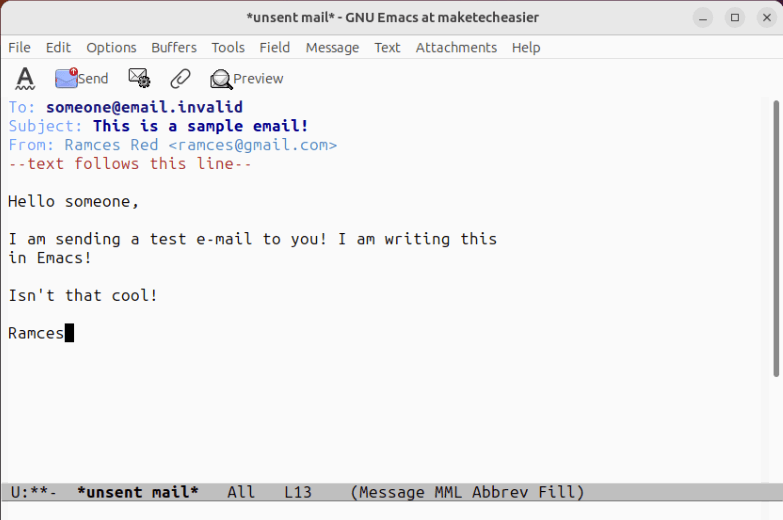 Пример письма, отправленного через SMTP в Emacs.