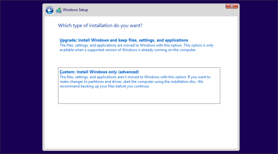 Opzione di installazione personalizzata: solo Windows (avanzata)