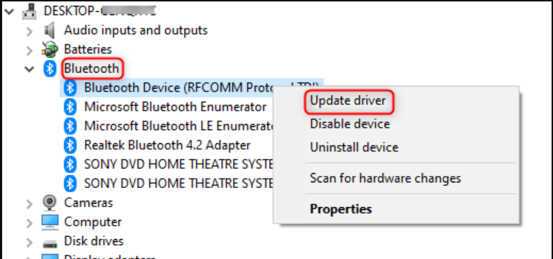 Контекстное меню устройства: Обновить драйвер