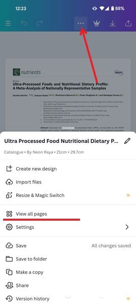 Просмотр всех страниц и удаление в мобильной Canva