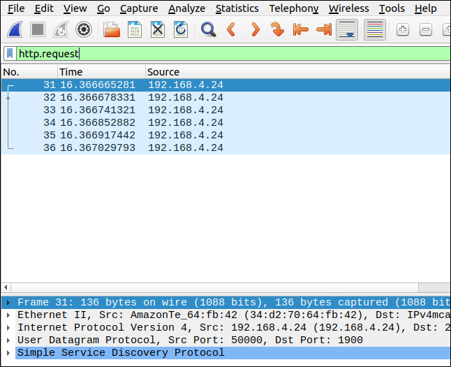 Wireshark с фильтром http.request