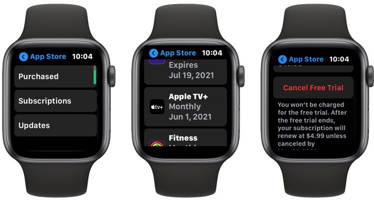 Экран отмены подписки Apple TV+ на Apple Watch — раздел подписок