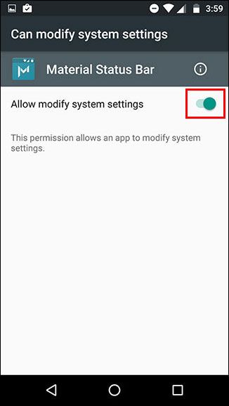 Экран включения разрешения записи для Material Status Bar