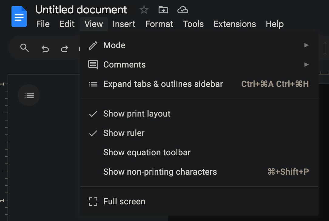 Меню «Вид» в Google Docs с параметром отображения панели уравнений