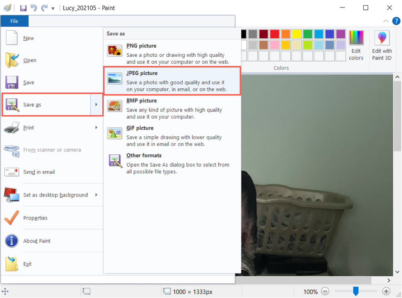 Опция «Сохранить как JPEG» в меню Paint