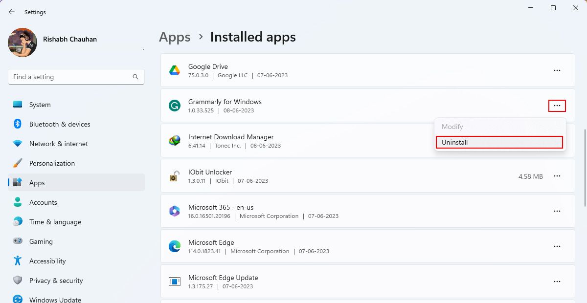 Параметры установленных приложений в Windows