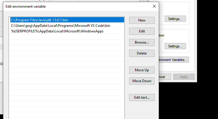 Окно редактирования переменной окружения в Windows