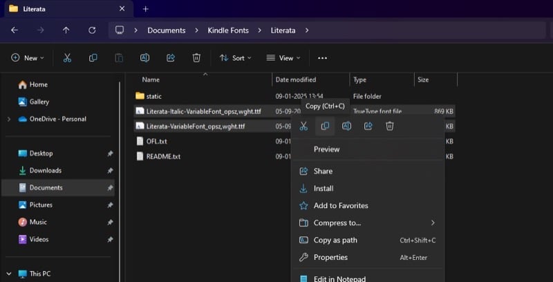 копирование шрифтов для установки на kindle.