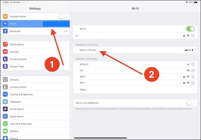 Экран iPad: выбор сети Wi‑Fi и подключение к iPhone