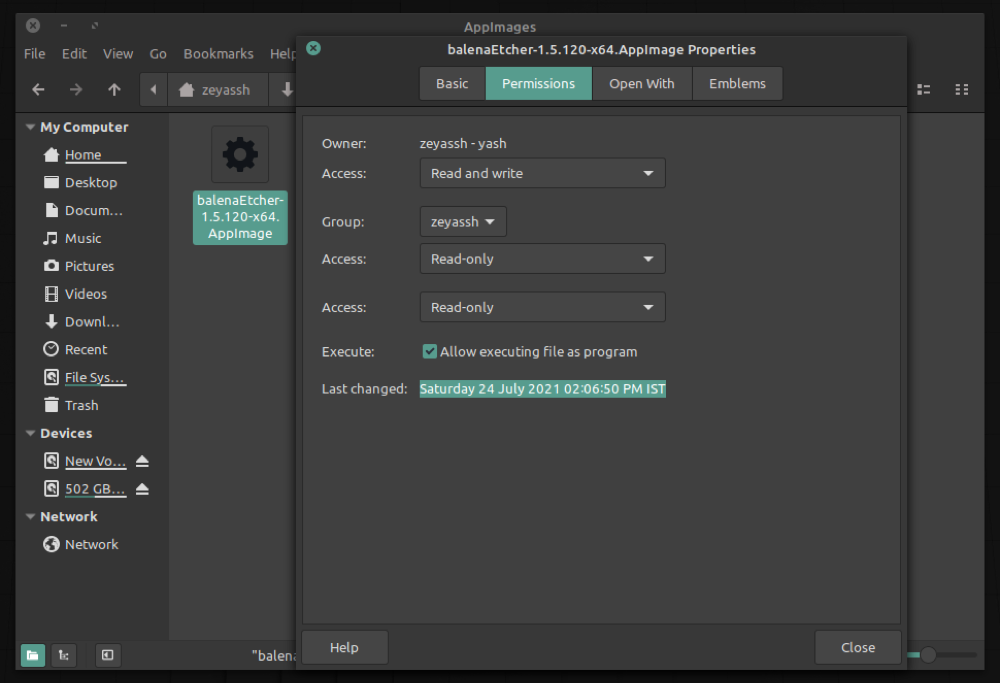 Параметры разрешений для AppImage в разных файловых менеджерах