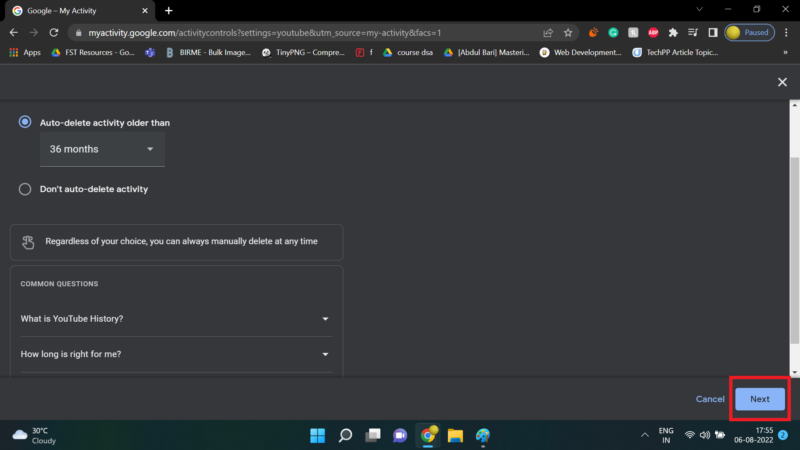 siguiente paso en configuración de borrado