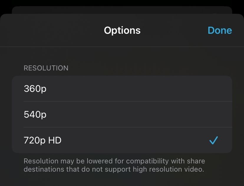 Выбор разрешения при экспортировании в iMovie.