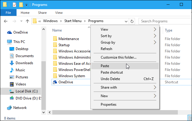 Папка Программы для меню Пуск в Проводнике