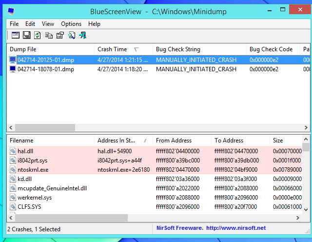 Список предыдущих синих экранов и кодов ошибок в BlueScreenView