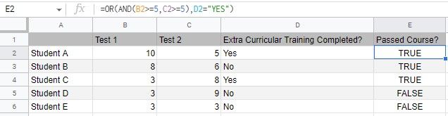 Пример вложенной функции OR внутри AND/IF в Google Sheets