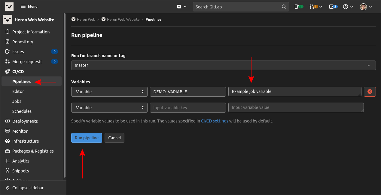 Окно ручного запуска пайплайна с таблицей переменных