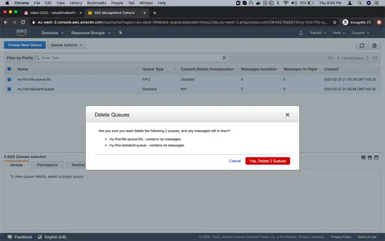 Страница подтверждения удаления очередей в консоли