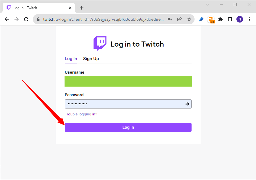 Форма входа в аккаунт Twitch
