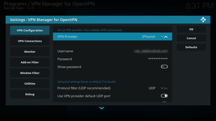 Окно конфигурации VPN Manager в Kodi