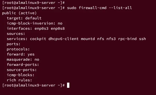Estado de firewalld mostrando servicios NFS añadidos