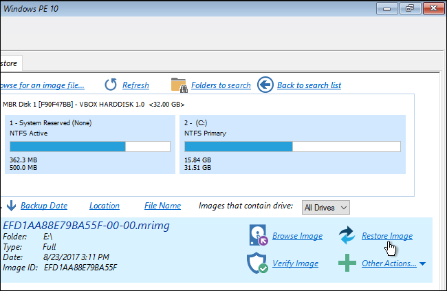 Информация об образе перед восстановлением: разделы и размеры
