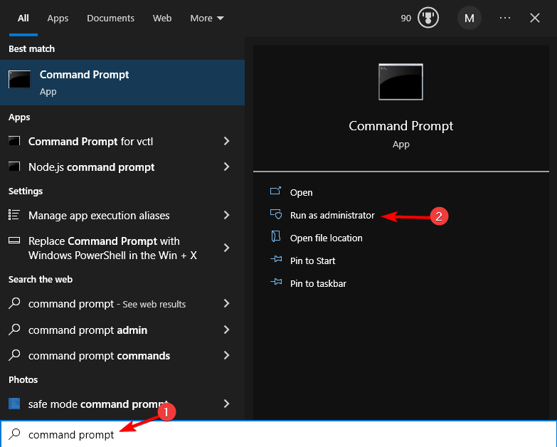 Пуск — Командная строка — Запуск от имени администратора