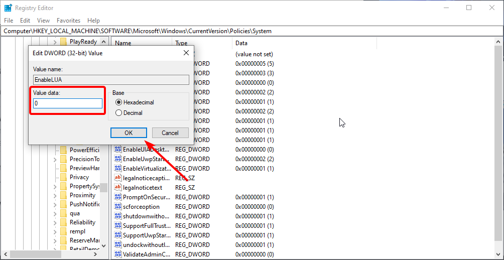 Установка значения EnableLUA в 0