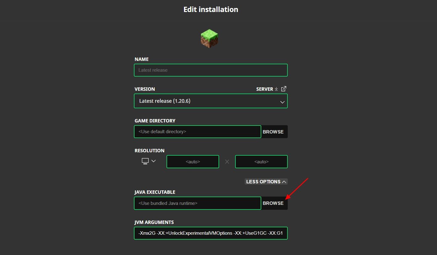 Кнопка Browse в окне редактирования установки.