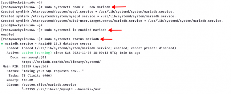 Запуск и проверка статуса службы MariaDB